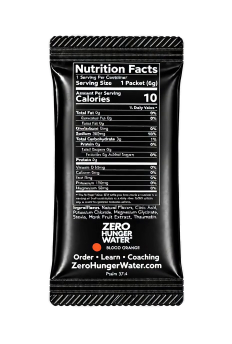 Back of the Zero Hunger Water Blood Orange stick showing the nutrition label